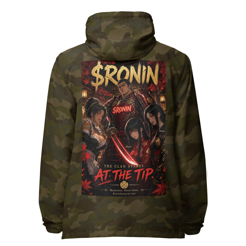 Clan at the Tip Windbreaker, forest camo back: back print of a red-armored samurai with three swordswomen, THE CLAN AT THE TIP