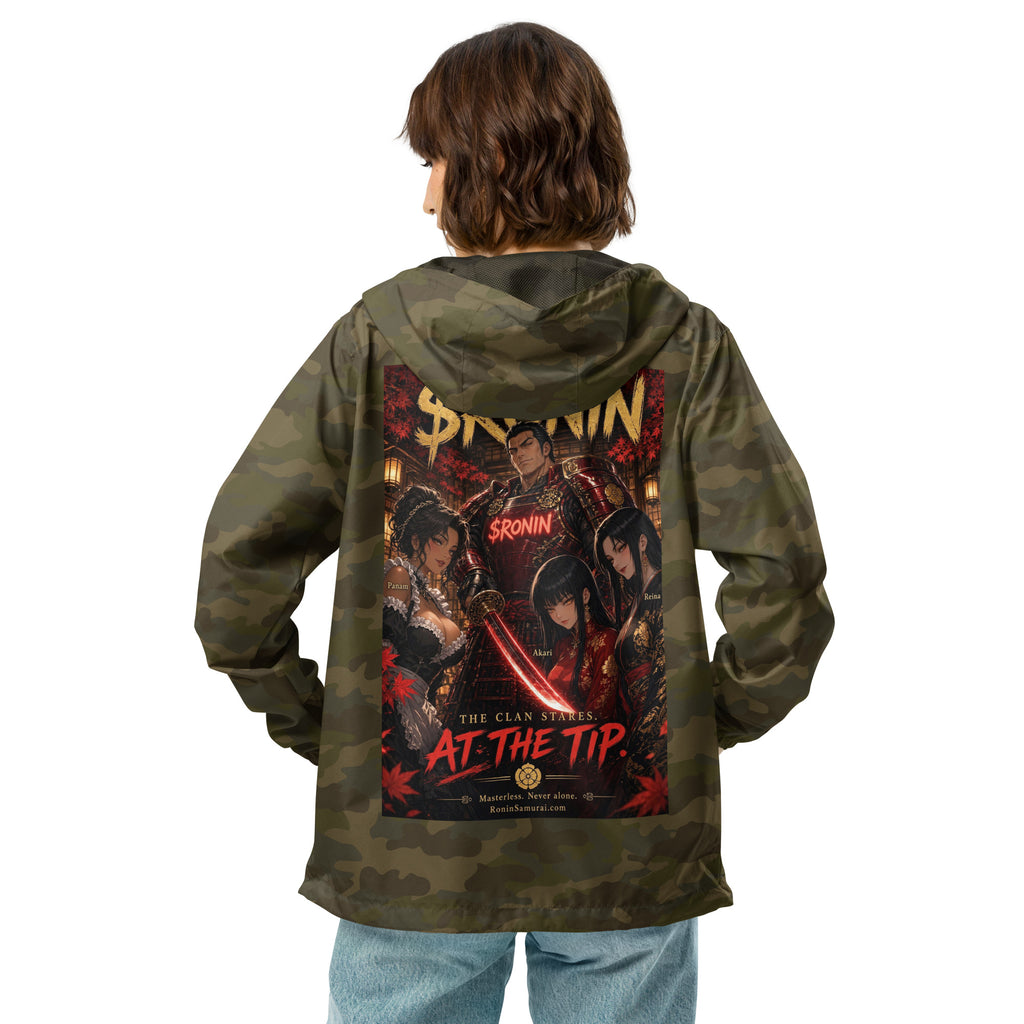 Clan at the Tip Windbreaker, forest camo back: back print of a red-armored samurai with three swordswomen, THE CLAN AT THE TIP