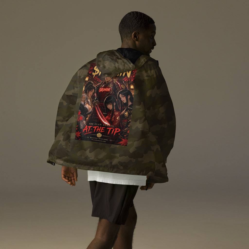 Clan at the Tip Windbreaker, forest camo back: back print of a red-armored samurai with three swordswomen, THE CLAN AT THE TIP