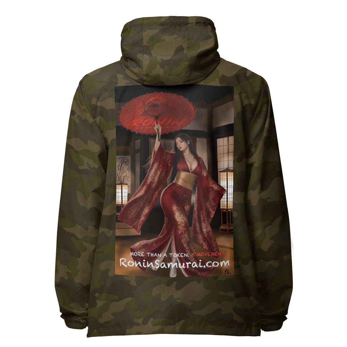 Red Parasol Ronin Windbreaker, forest camo back: back print of a woman in a red kimono holding a red parasol in a shoji room