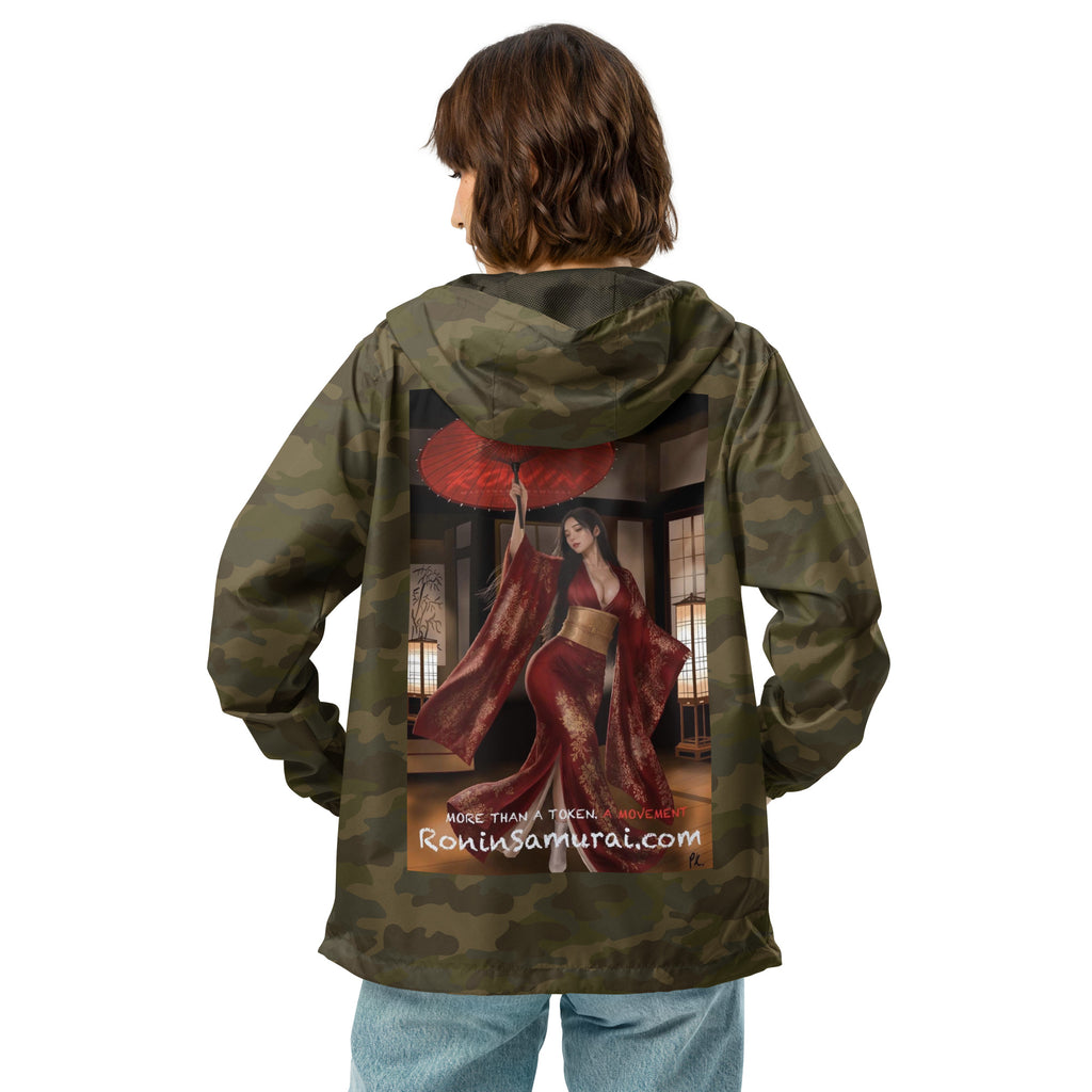 Red Parasol Ronin Windbreaker, forest camo back: back print of a woman in a red kimono holding a red parasol in a shoji room