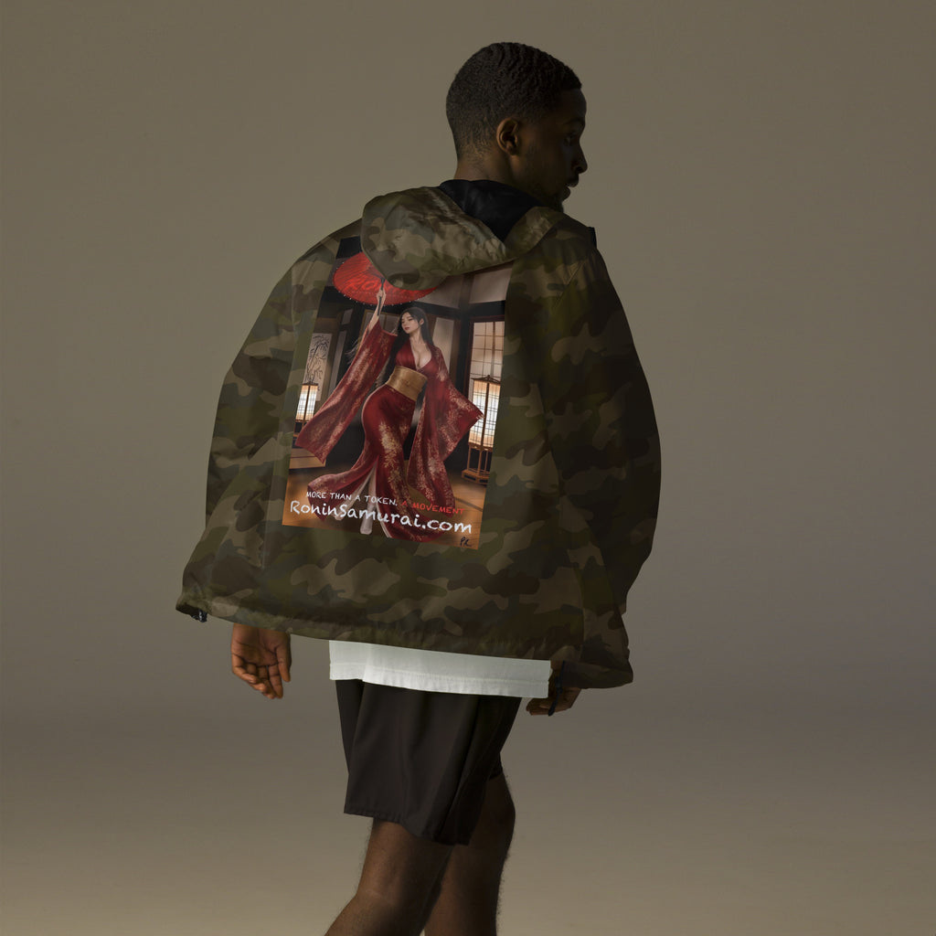 Red Parasol Ronin Windbreaker, forest camo back: back print of a woman in a red kimono holding a red parasol in a shoji room
