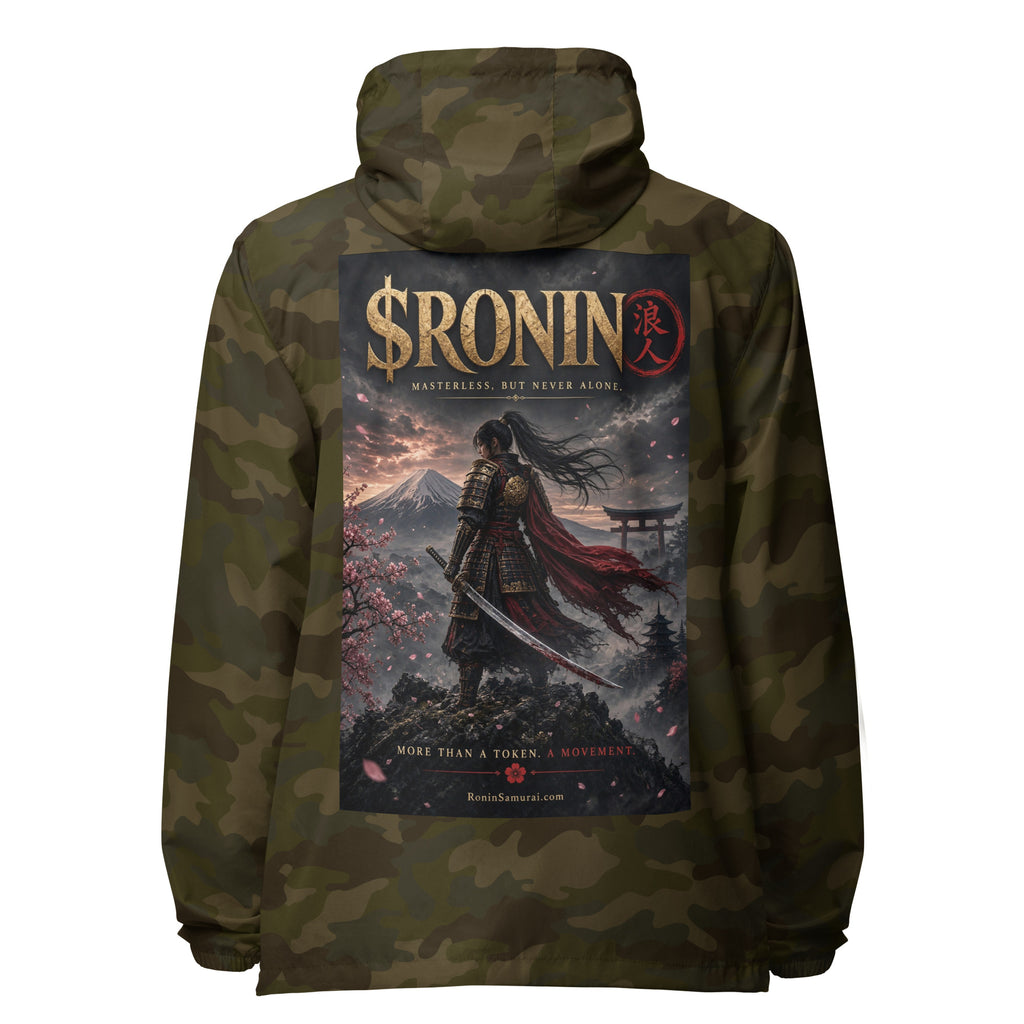 Torii Ridge Ronin Windbreaker, forest camo back: back print of a caped female samurai on a ridge facing Fuji and a torii under gold $RONIN
