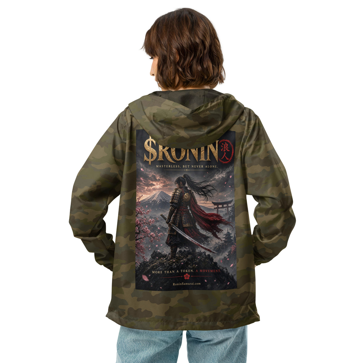 Torii Ridge Ronin Windbreaker, forest camo back: back print of a caped female samurai on a ridge facing Fuji and a torii under gold $RONIN