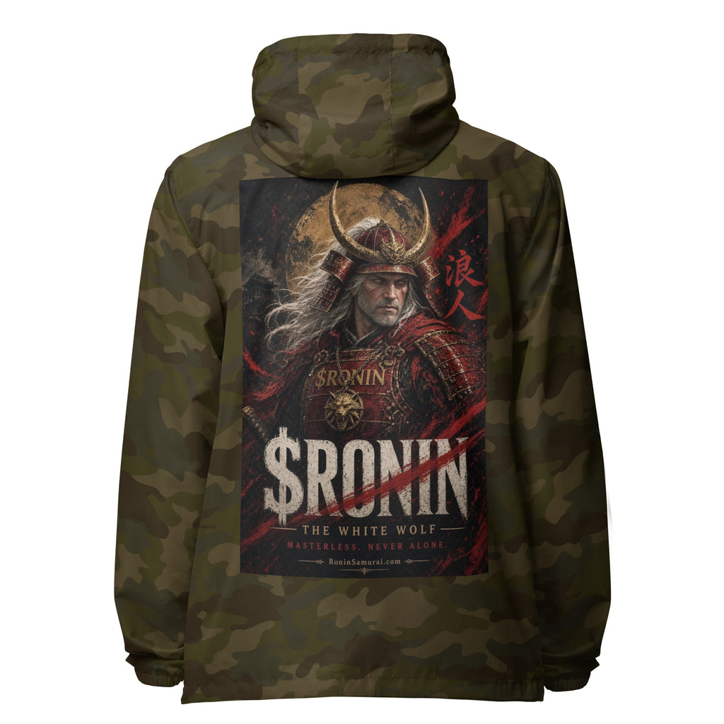 Silver-Haired Ronin Windbreaker, forest camo back: back print of a silver-haired, scarred warrior in crimson armor and gold-horned kabuto under a bold $RONIN title