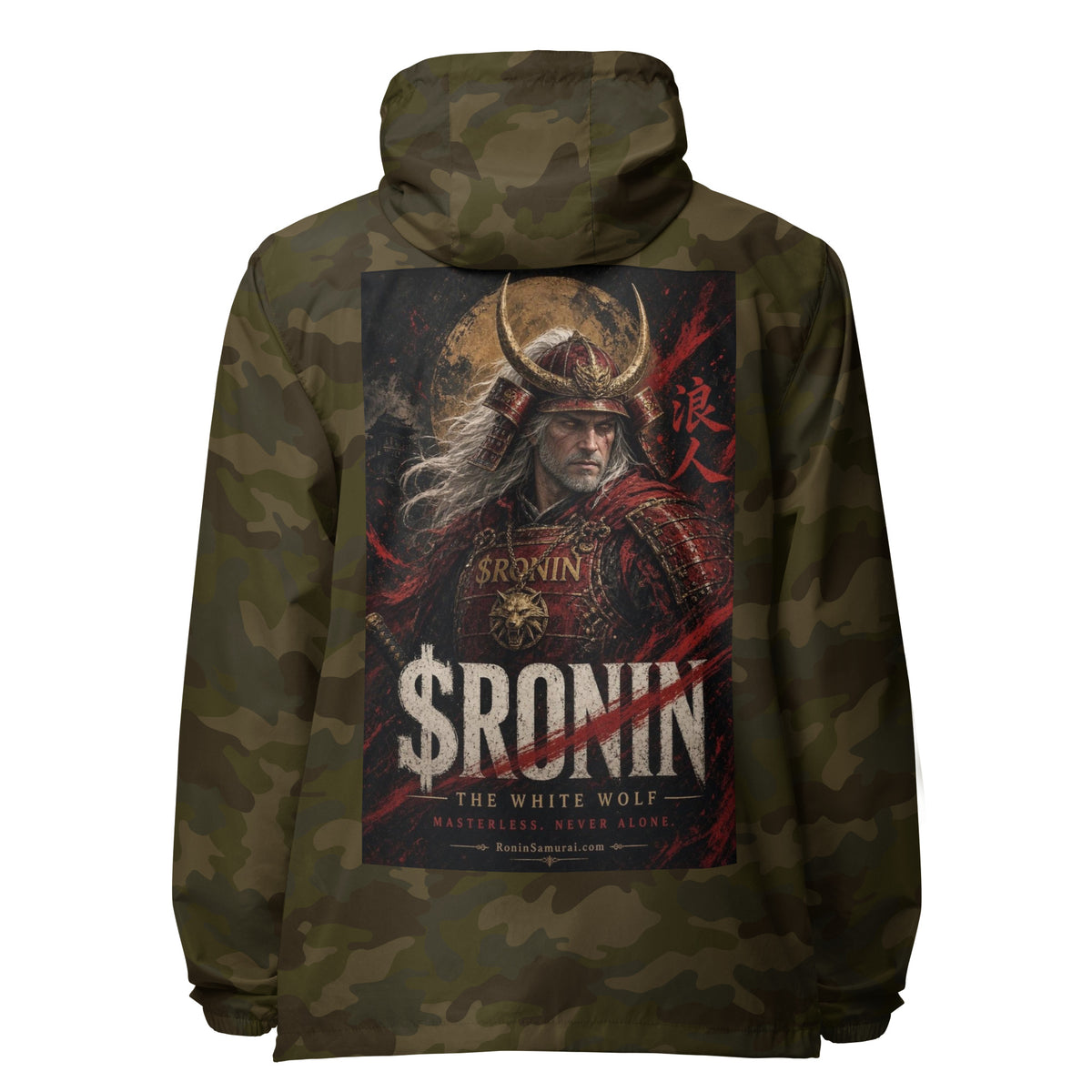 Silver-Haired Ronin Windbreaker, forest camo back: back print of a silver-haired, scarred warrior in crimson armor and gold-horned kabuto under a bold $RONIN title