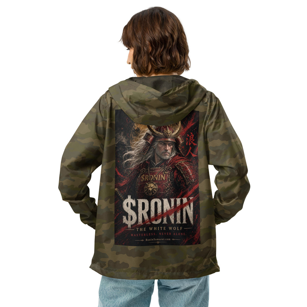 Silver-Haired Ronin Windbreaker, forest camo back: back print of a silver-haired, scarred warrior in crimson armor and gold-horned kabuto under a bold $RONIN title