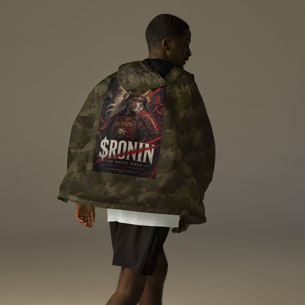 Silver-Haired Ronin Windbreaker, forest camo back: back print of a silver-haired, scarred warrior in crimson armor and gold-horned kabuto under a bold $RONIN title