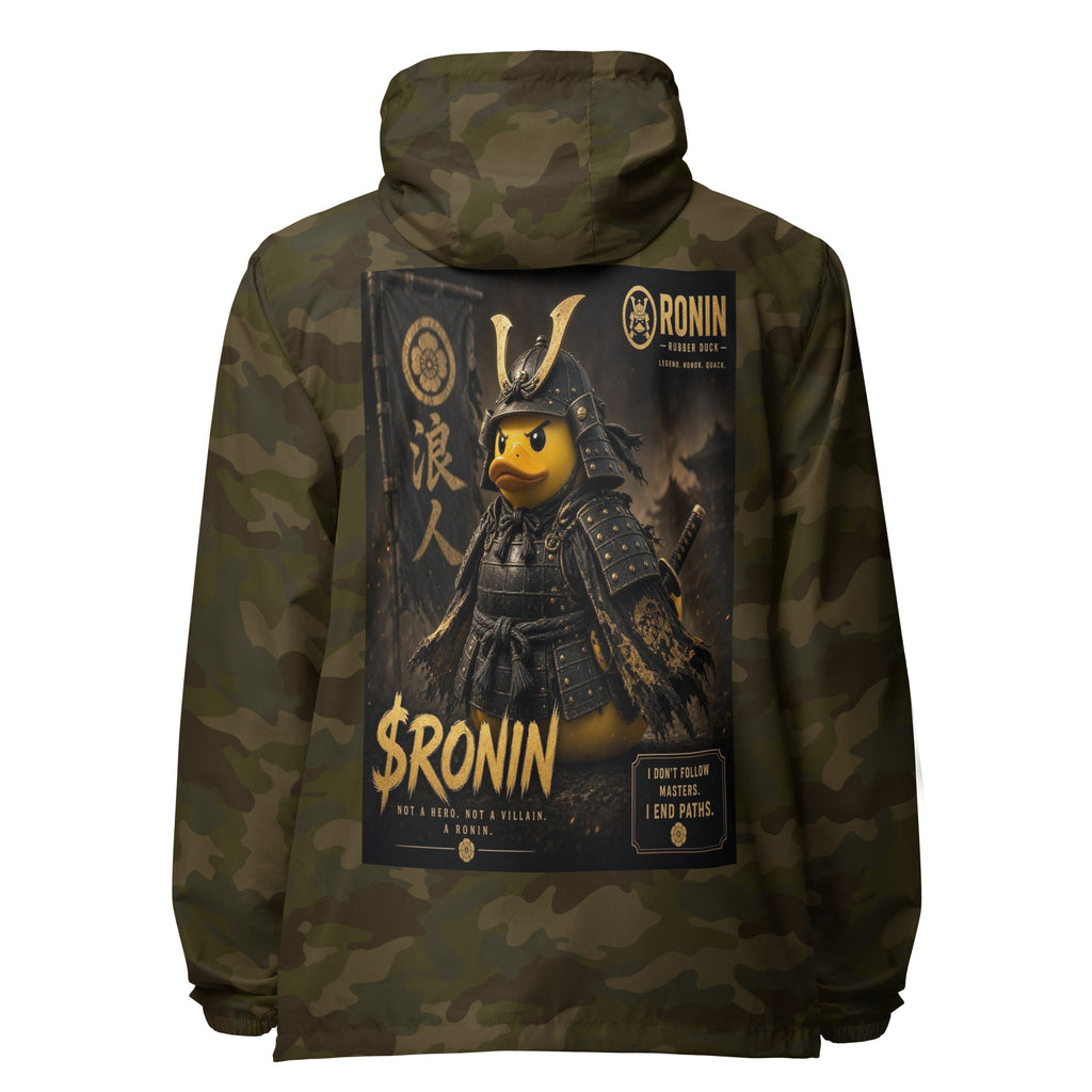 Samurai Rubber Duck Windbreaker, forest camo back: back print of a yellow rubber duck in black-and-gold samurai armor, gold $RONIN