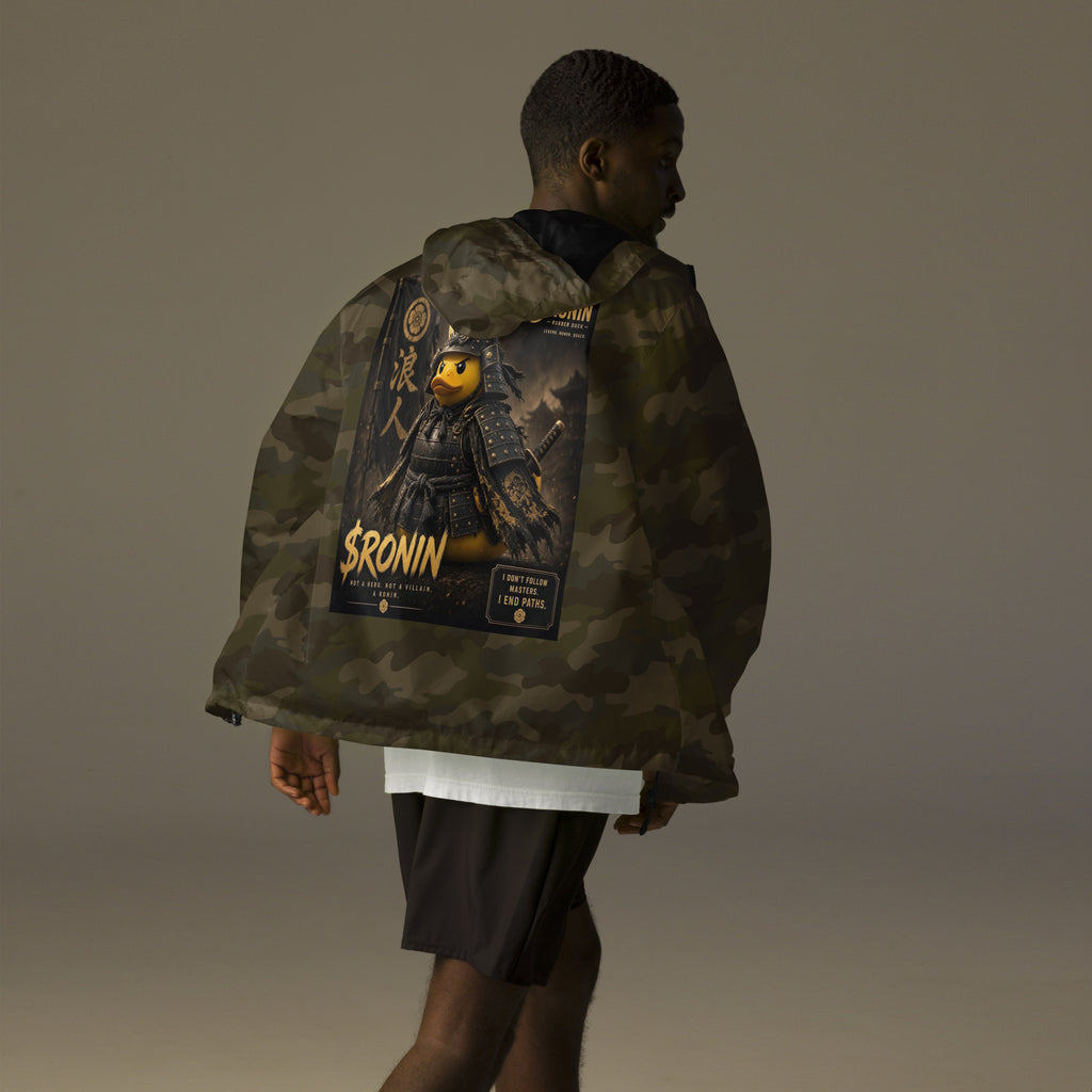 Samurai Rubber Duck Windbreaker, forest camo back: back print of a yellow rubber duck in black-and-gold samurai armor, gold $RONIN