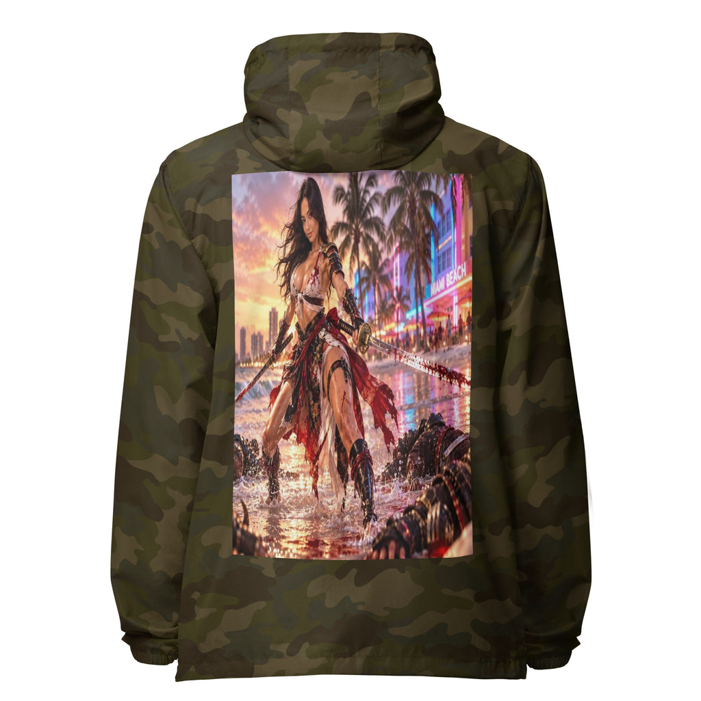Miami Beach Ronin Windbreaker, forest camo back: back print of a dual-katana warrior in the surf before a neon Miami Beach skyline