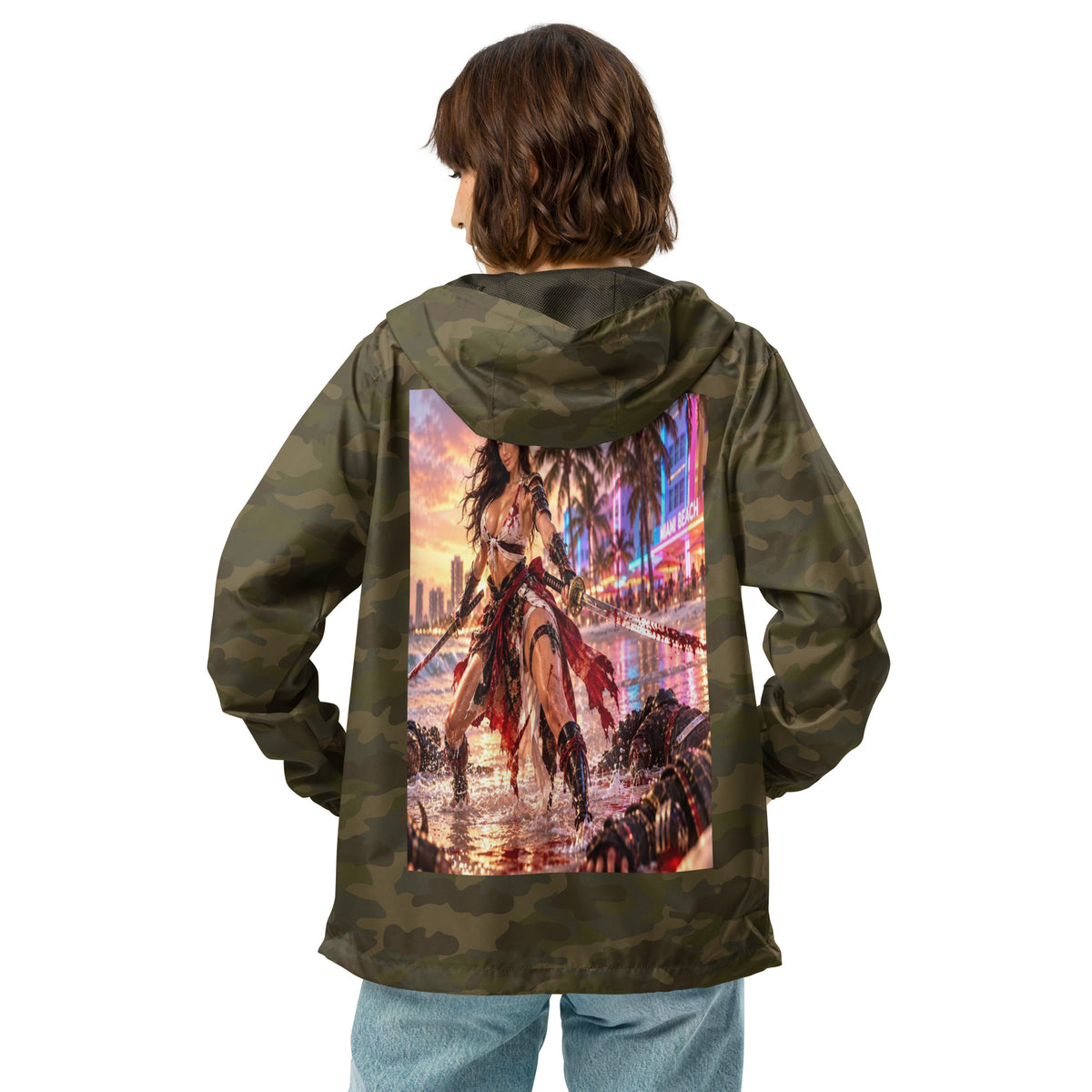 Miami Beach Ronin Windbreaker, forest camo back: back print of a dual-katana warrior in the surf before a neon Miami Beach skyline