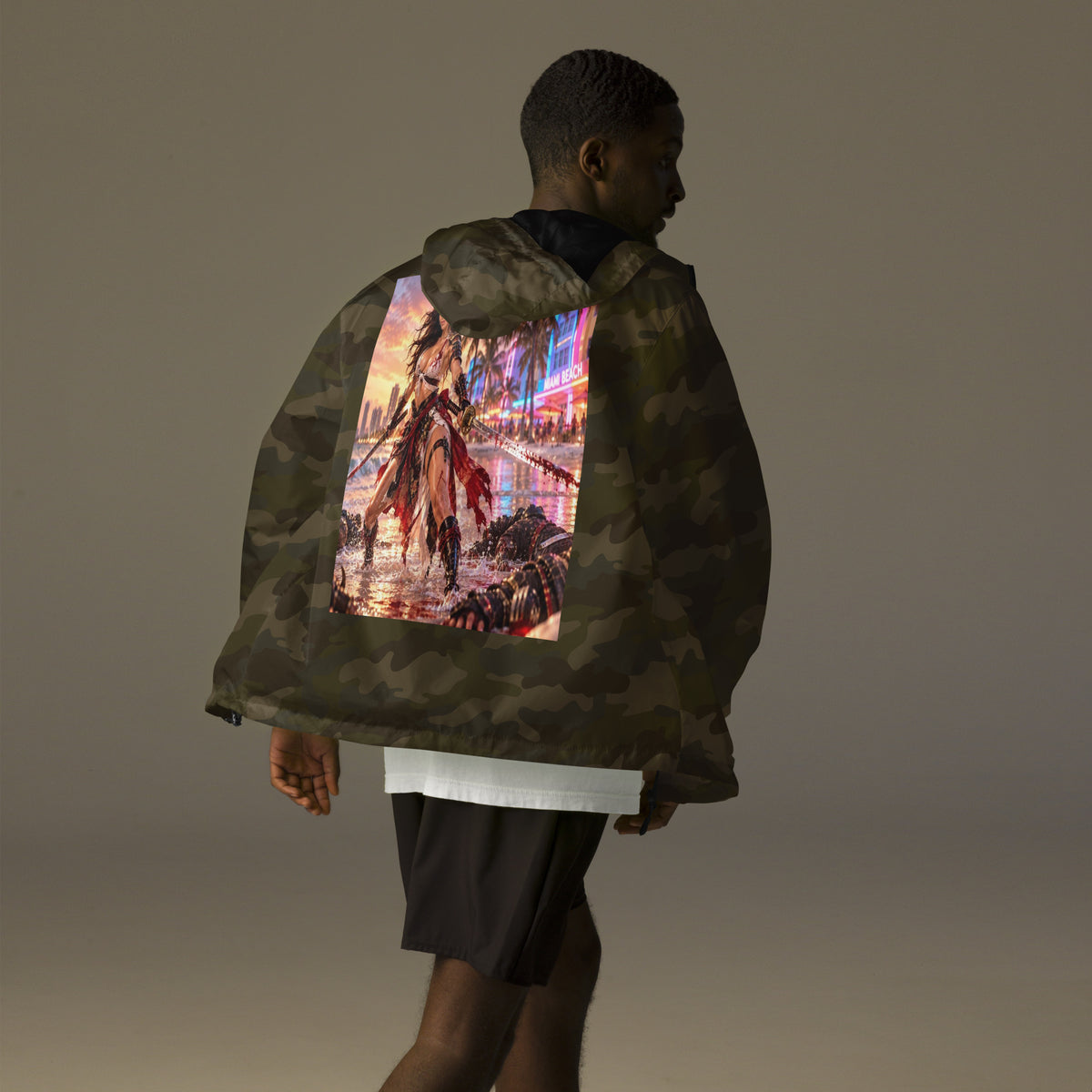 Miami Beach Ronin Windbreaker, forest camo back: back print of a dual-katana warrior in the surf before a neon Miami Beach skyline