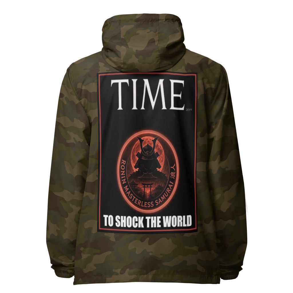 Ronin Cover Story Windbreaker, forest camo back: back print of a red-framed cover-style poster with the round RONIN samurai seal and TO SHOCK THE WORLD
