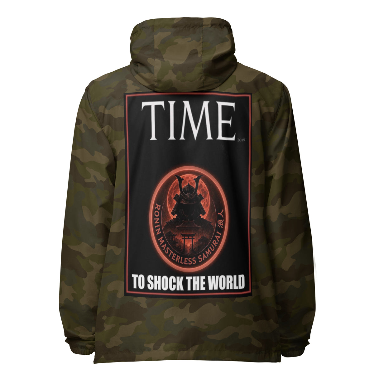 Ronin Cover Story Windbreaker, forest camo back: back print of a red-framed cover-style poster with the round RONIN samurai seal and TO SHOCK THE WORLD