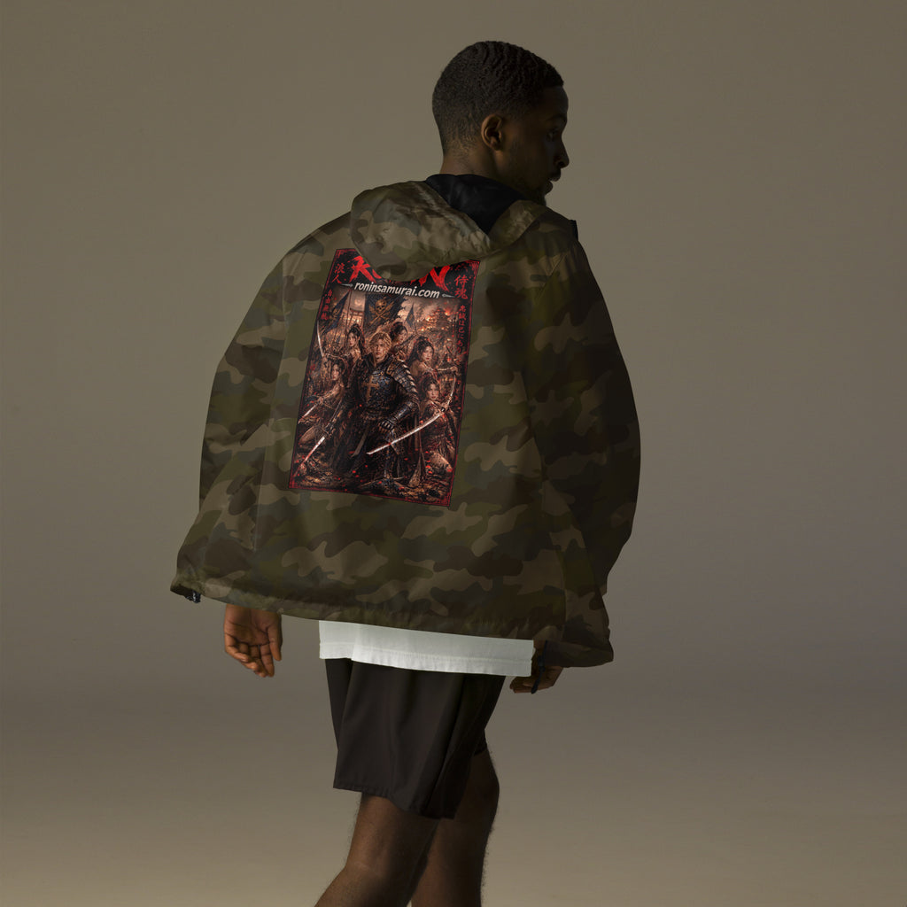 Ronin Warband Windbreaker, forest camo back: back print of an armored warband on a burning battlefield under a red RONIN title
