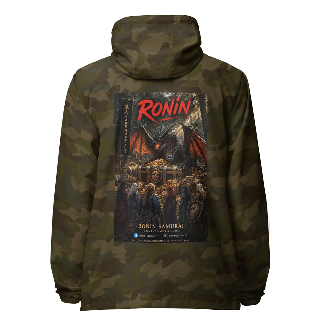 Golden Dragon Ronin Windbreaker, forest camo back: back print of a dark dragon on a golden hoard facing armored warriors, red RONIN