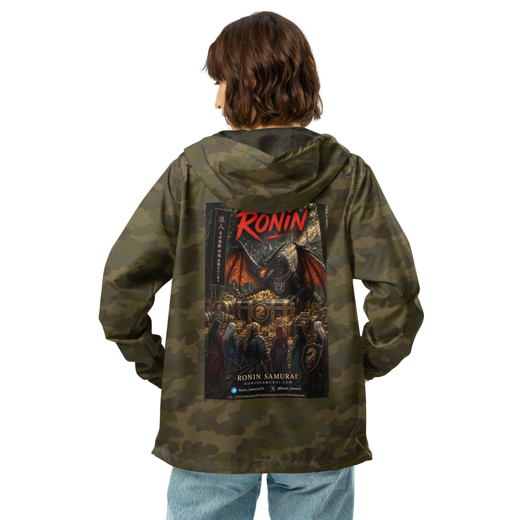 Golden Dragon Ronin Windbreaker, forest camo back: back print of a dark dragon on a golden hoard facing armored warriors, red RONIN