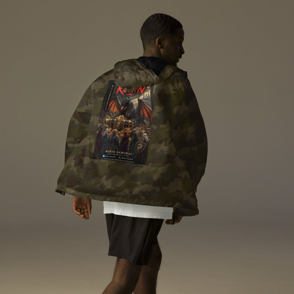 Golden Dragon Ronin Windbreaker, forest camo back: back print of a dark dragon on a golden hoard facing armored warriors, red RONIN