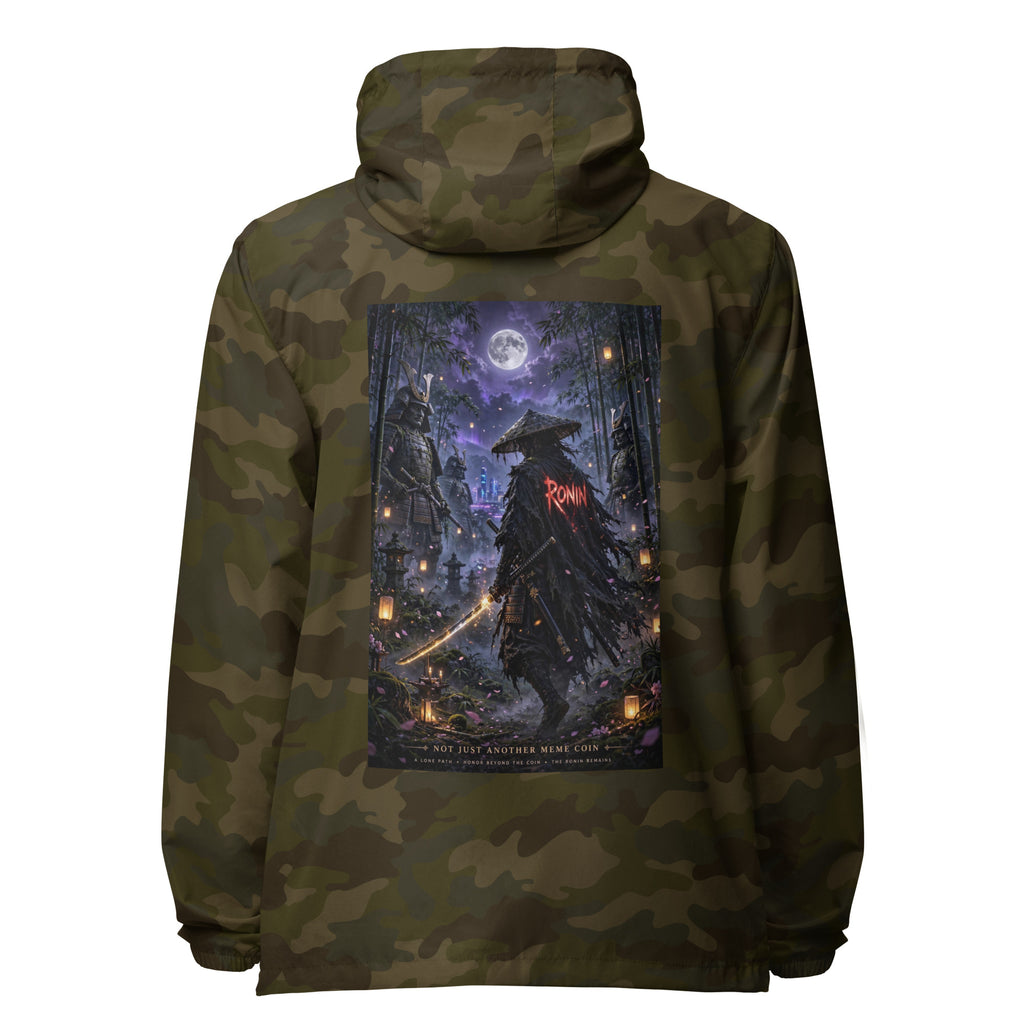 Bamboo Moon Ronin Windbreaker, forest camo back: back print of a straw-hat ronin with a glowing katana in a moonlit lantern bamboo grove