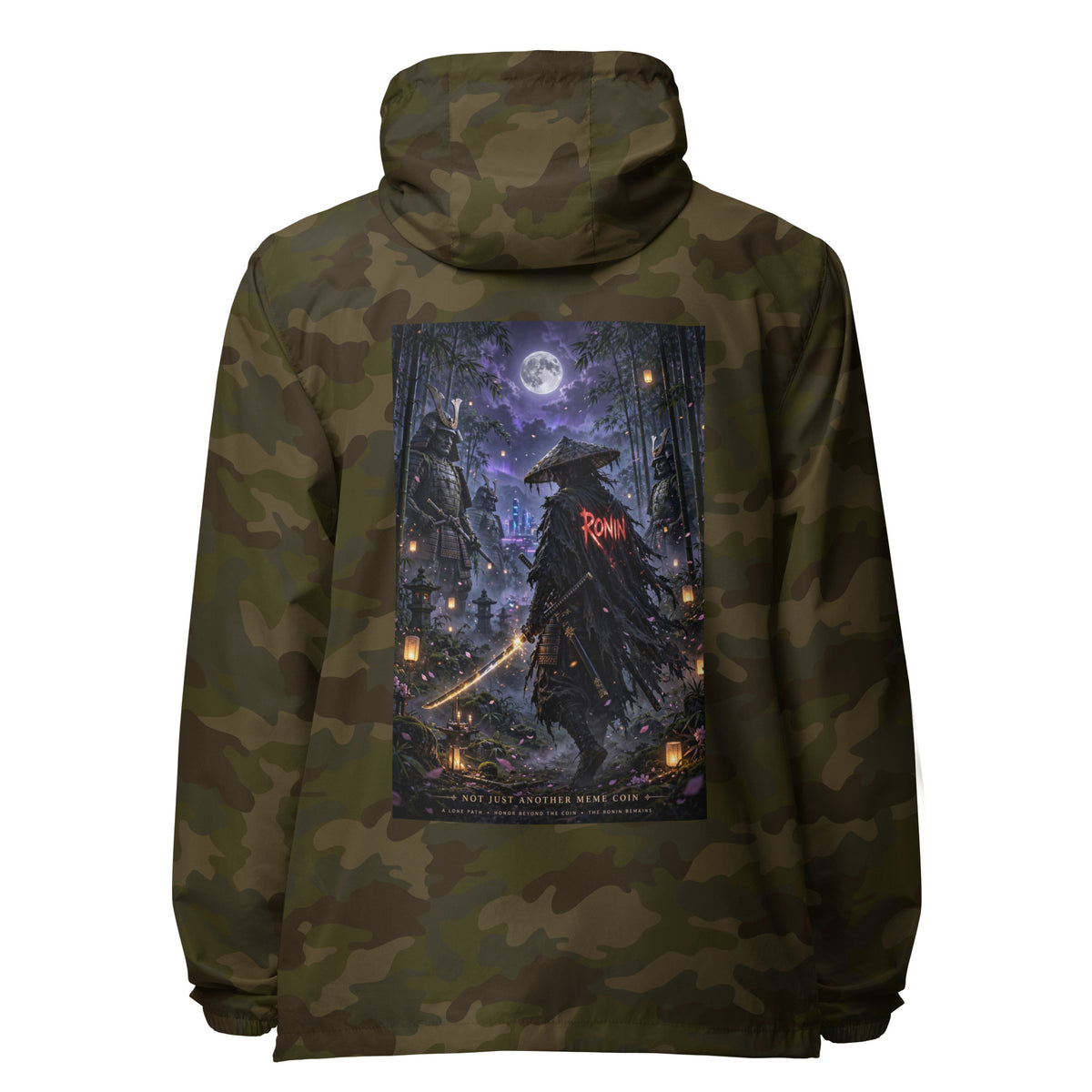 Bamboo Moon Ronin Windbreaker, forest camo back: back print of a straw-hat ronin with a glowing katana in a moonlit lantern bamboo grove