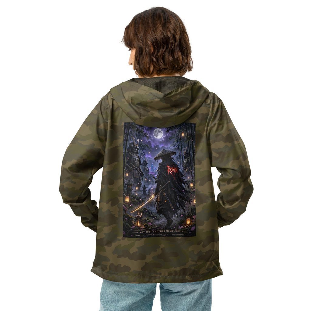 Bamboo Moon Ronin Windbreaker, forest camo back: back print of a straw-hat ronin with a glowing katana in a moonlit lantern bamboo grove