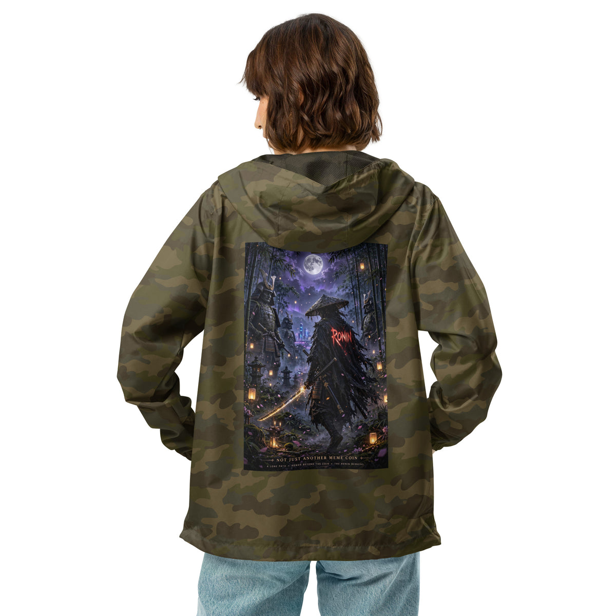 Bamboo Moon Ronin Windbreaker, forest camo back: back print of a straw-hat ronin with a glowing katana in a moonlit lantern bamboo grove