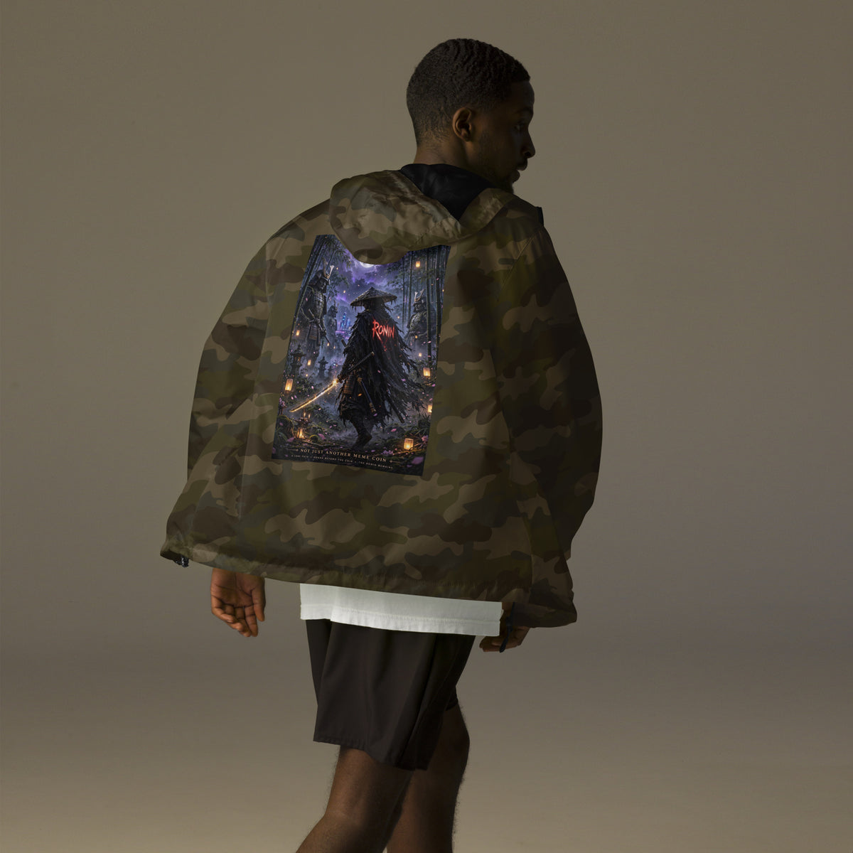 Bamboo Moon Ronin Windbreaker, forest camo back: back print of a straw-hat ronin with a glowing katana in a moonlit lantern bamboo grove