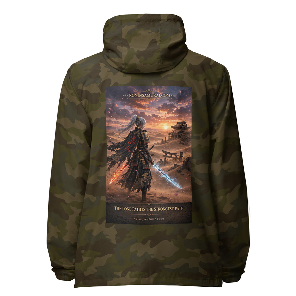 Lone Path Ronin Windbreaker, forest camo back: back print of a white-haired samurai with fire and ice blades in a sunset desert