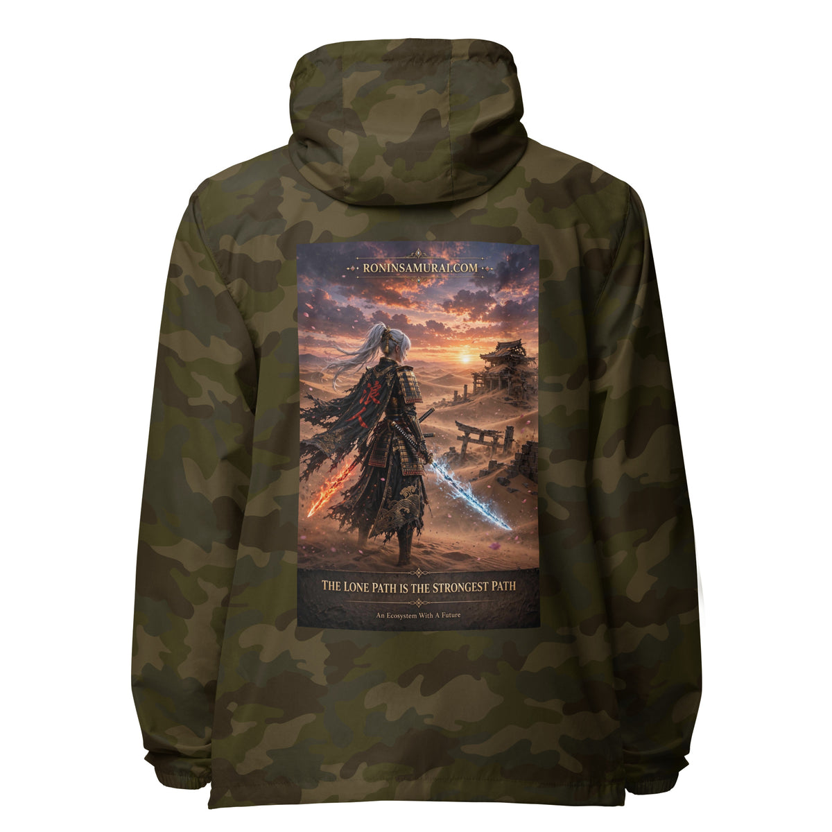 Lone Path Ronin Windbreaker, forest camo back: back print of a white-haired samurai with fire and ice blades in a sunset desert