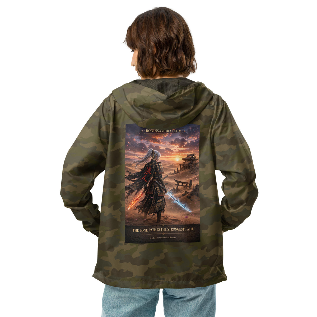 Lone Path Ronin Windbreaker, forest camo back: back print of a white-haired samurai with fire and ice blades in a sunset desert
