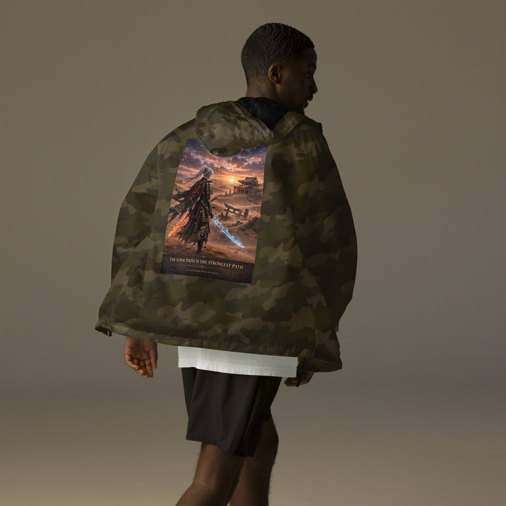 Lone Path Ronin Windbreaker, forest camo back: back print of a white-haired samurai with fire and ice blades in a sunset desert