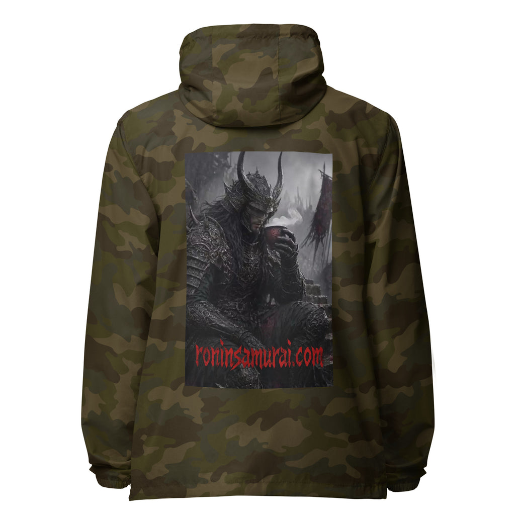 Warlord's Brew Windbreaker, forest camo back: back print of a dark horned armored warlord sipping a steaming cup