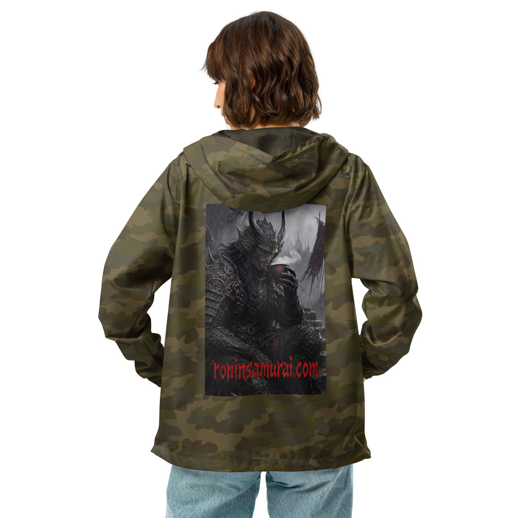 Warlord's Brew Windbreaker, forest camo back: back print of a dark horned armored warlord sipping a steaming cup
