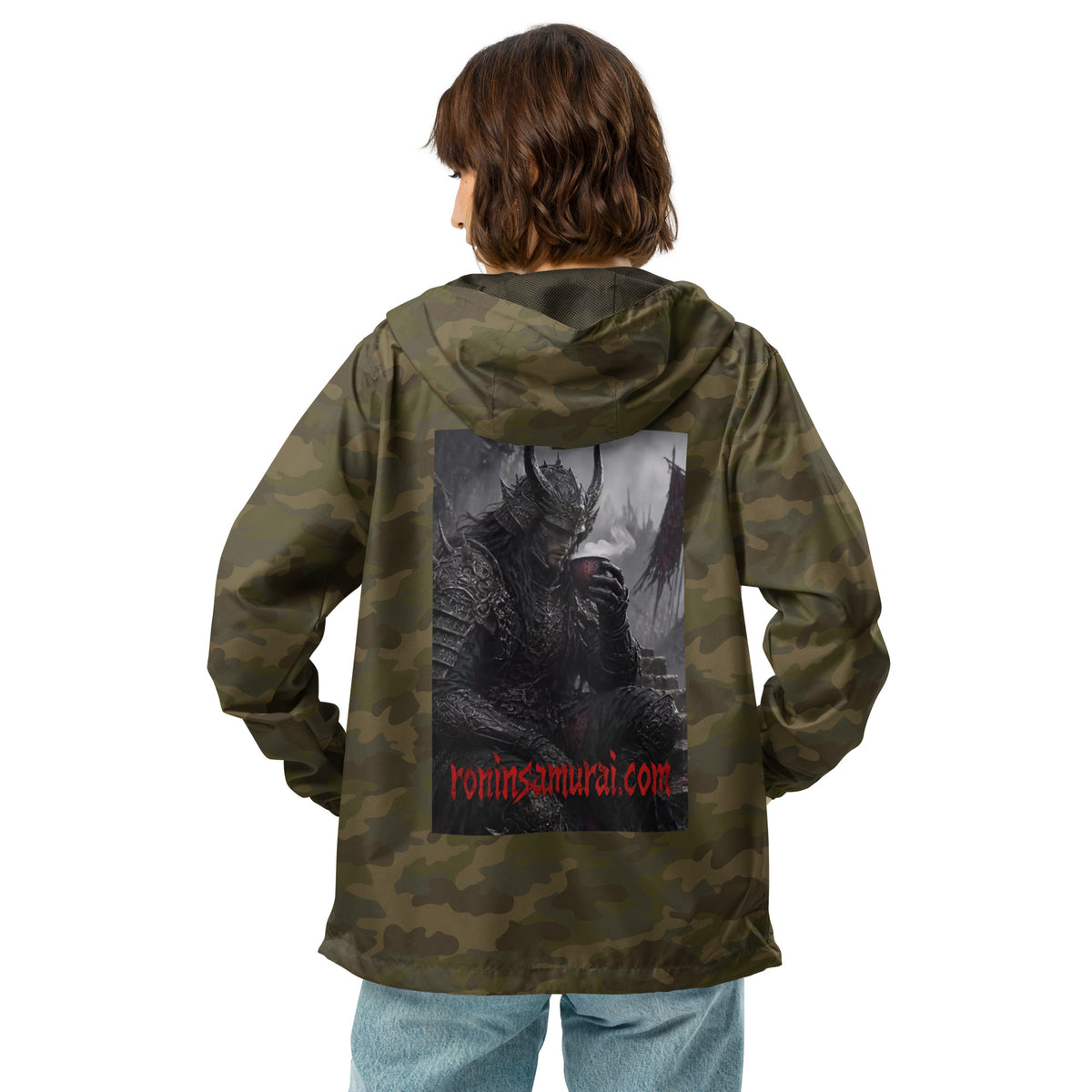 Warlord's Brew Windbreaker, forest camo back: back print of a dark horned armored warlord sipping a steaming cup