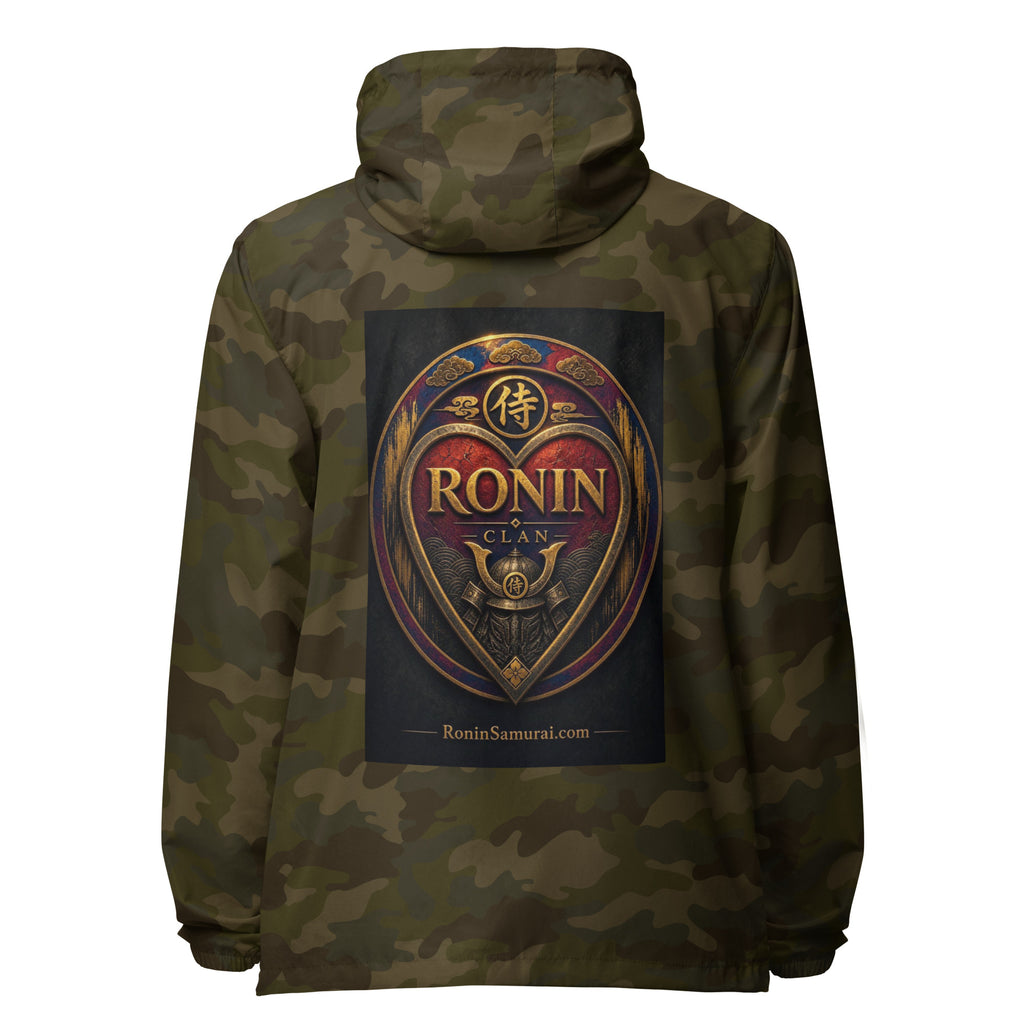 Royal Crest Ronin Clan Windbreaker, forest camo back: gilded red-and-gold heart shield with the 侍 seal, RONIN CLAN and kabuto emblem