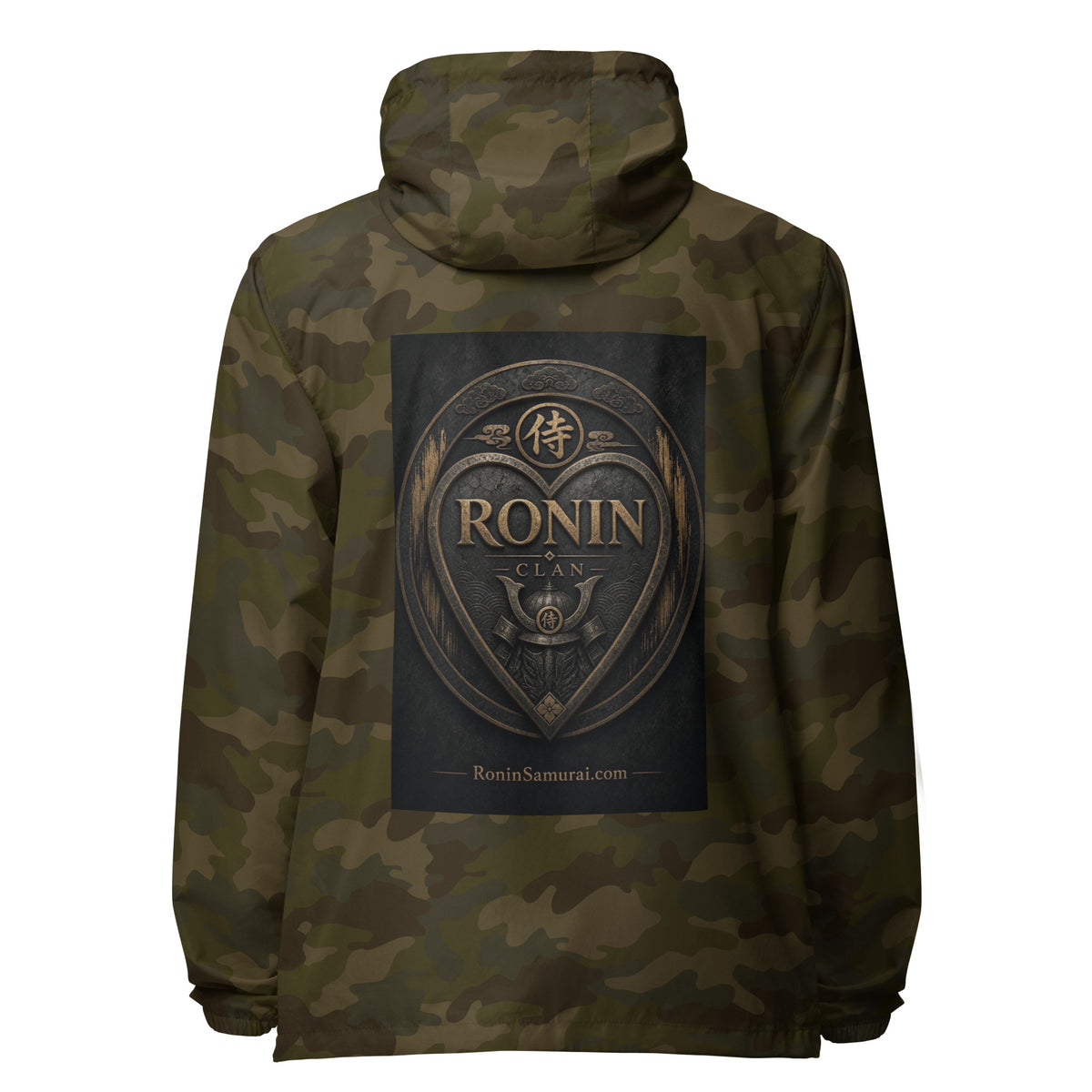 Bronze Crest Ronin Clan Windbreaker, forest camo back: bronze heart shield with the 侍 seal, RONIN CLAN and a kabuto emblem