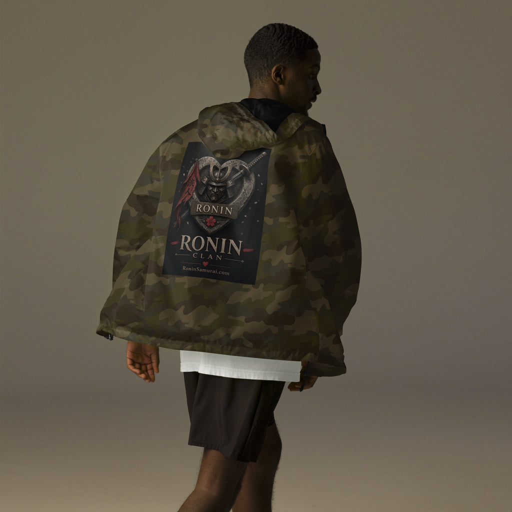 Kabuto Heart Ronin Clan Windbreaker, forest camo back: stone heart with a masked kabuto warrior, katana and red banner, RONIN CLAN