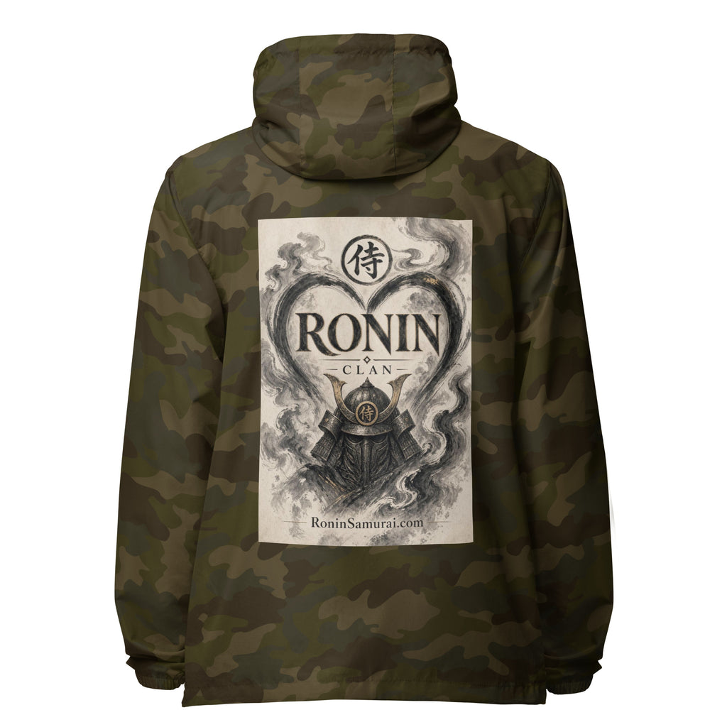 Ink Heart Ronin Clan Windbreaker, forest camo back: ink-wash heart around a kabuto helmet on cream paper, 侍 seal and RONIN CLAN