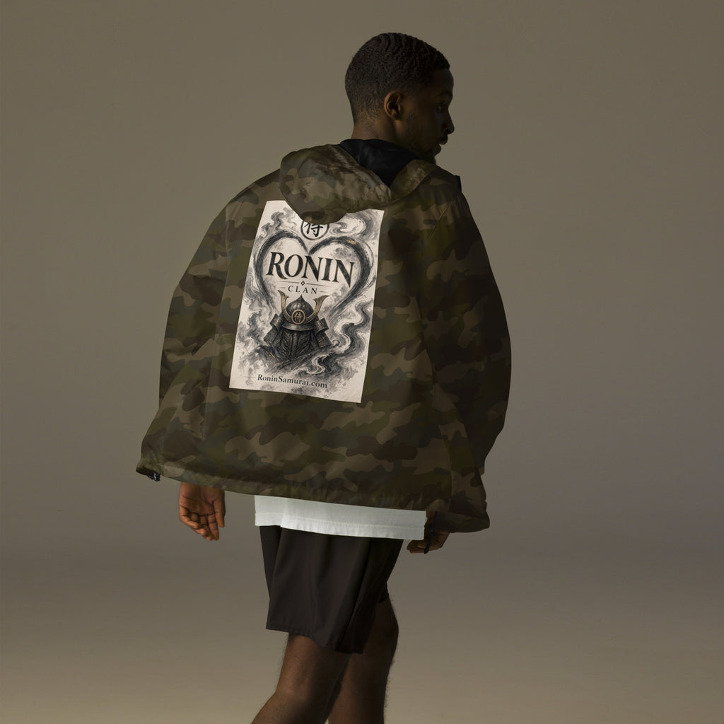 Ink Heart Ronin Clan Windbreaker, forest camo back: ink-wash heart around a kabuto helmet on cream paper, 侍 seal and RONIN CLAN
