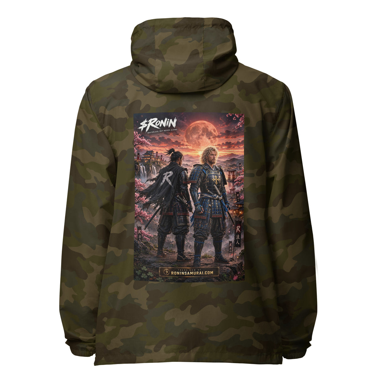 Sworn Brothers Ronin Windbreaker, forest camo back: two warriors, a dark-haired ronin and a golden-haired samurai in blue armor, under a blood-red moon with a white $RONIN