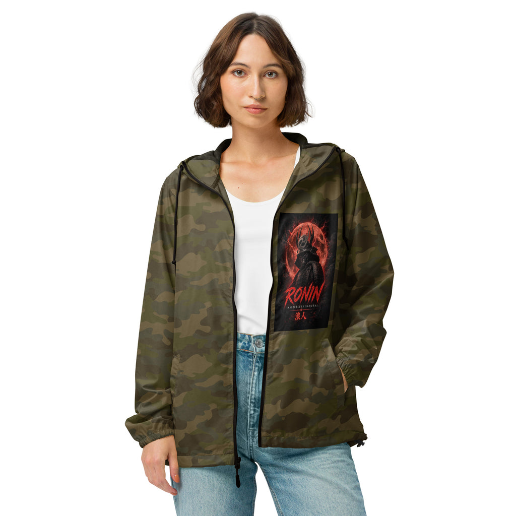 Lone Path Ronin Windbreaker, forest camo front: Blood Moon RONIN samurai art on the left chest