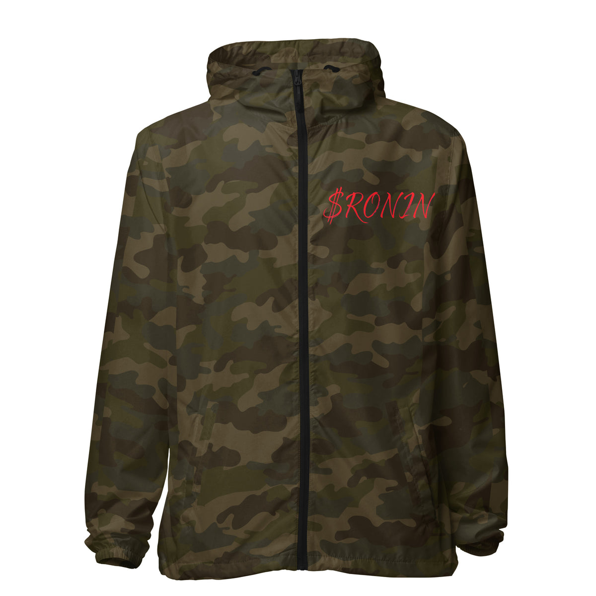 Obsidian Heart Ronin Windbreaker, forest camo front: red script $RONIN on the left chest