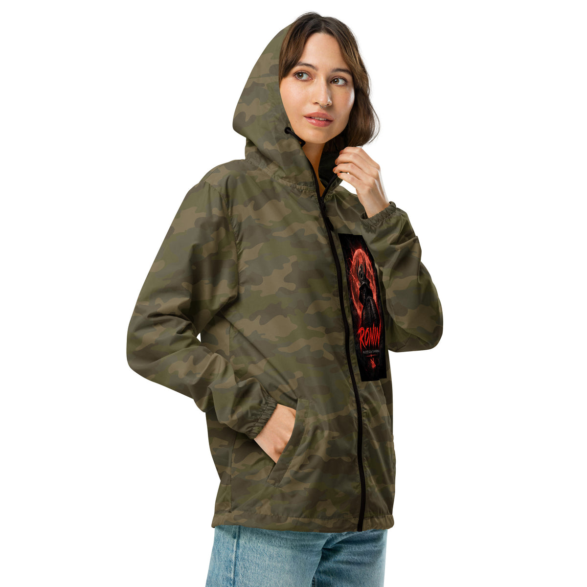 Clan at the Tip Windbreaker, forest camo right front: Blood Moon RONIN samurai art on the left chest