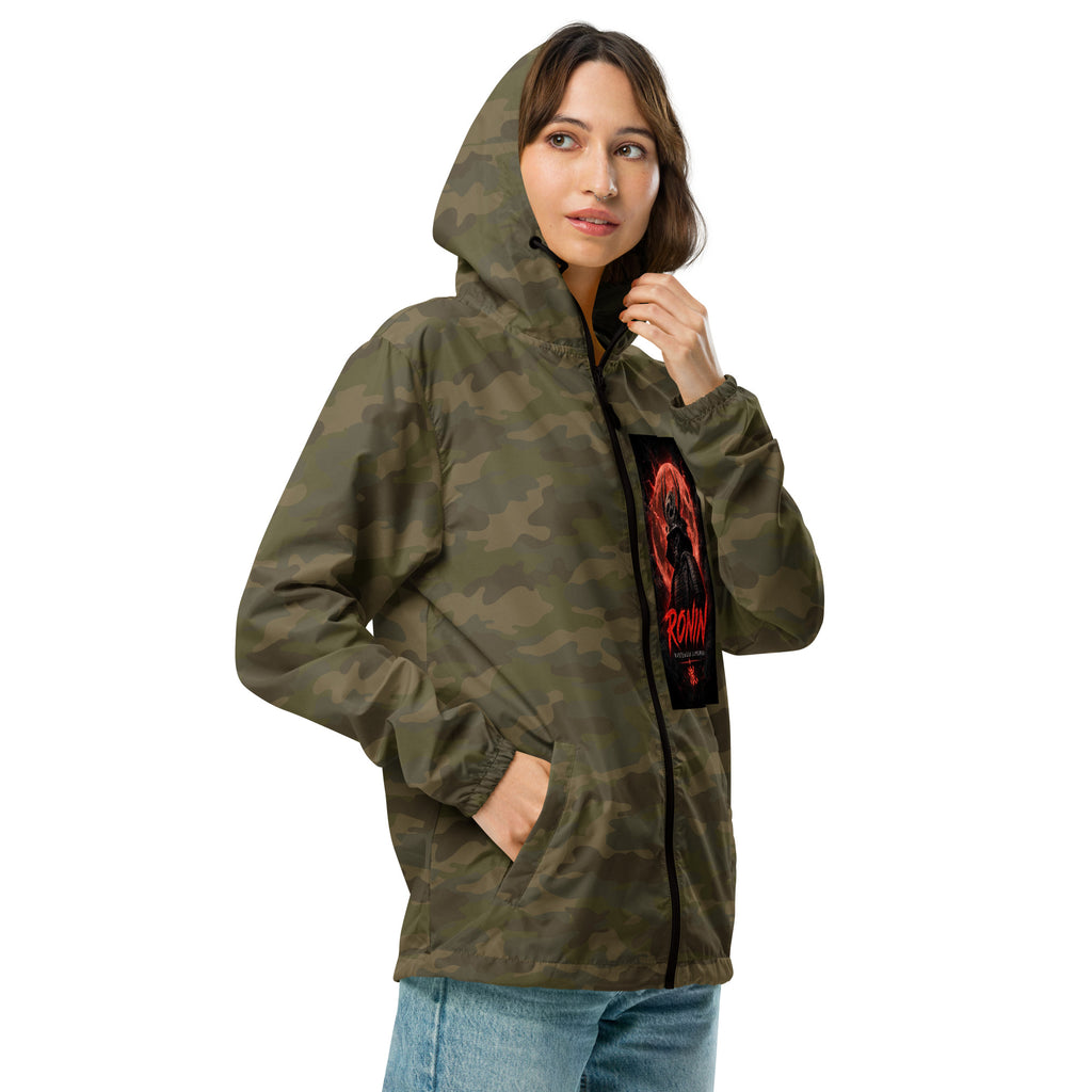 Red Parasol Ronin Windbreaker, forest camo right front: Blood Moon RONIN samurai art on the left chest