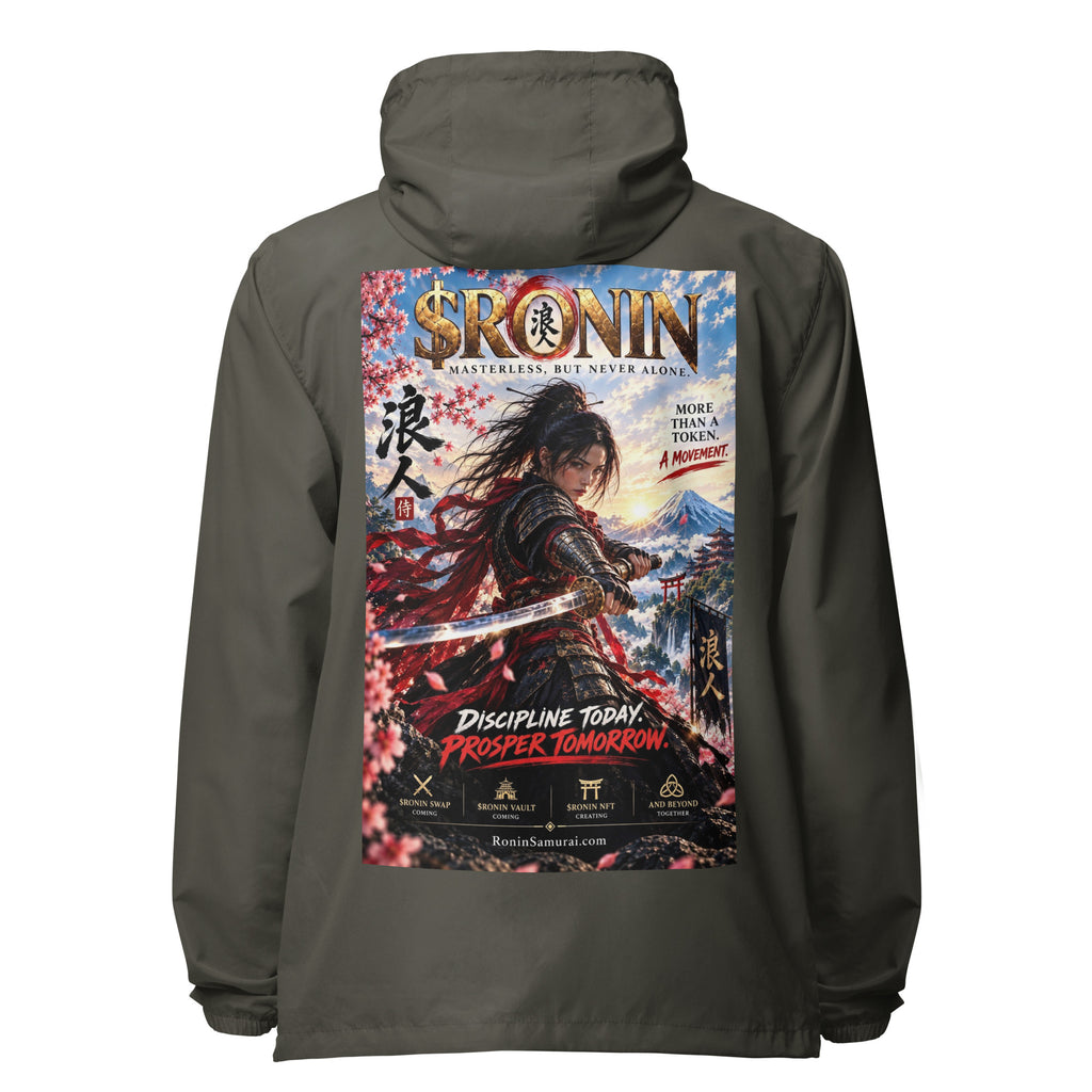 Discipline Today Ronin Windbreaker, graphite back: back print of a female samurai lunging with a katana before Fuji under a gold $RONIN