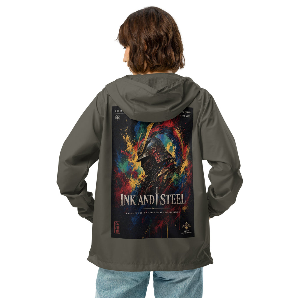 Ink and Steel Samurai Windbreaker, graphite back: back print of a samurai in a gold-crested helmet amid paint splashes, INK AND STEEL