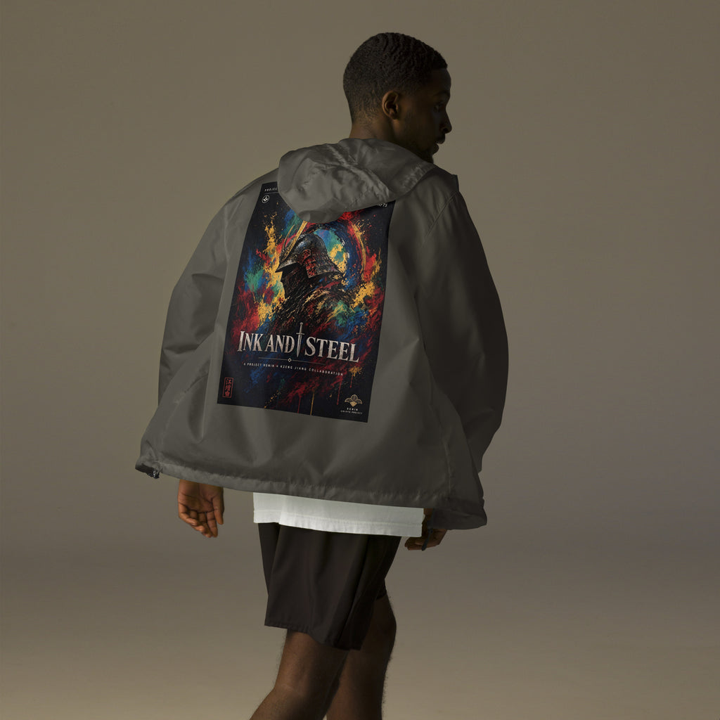 Ink and Steel Samurai Windbreaker, graphite back: back print of a samurai in a gold-crested helmet amid paint splashes, INK AND STEEL