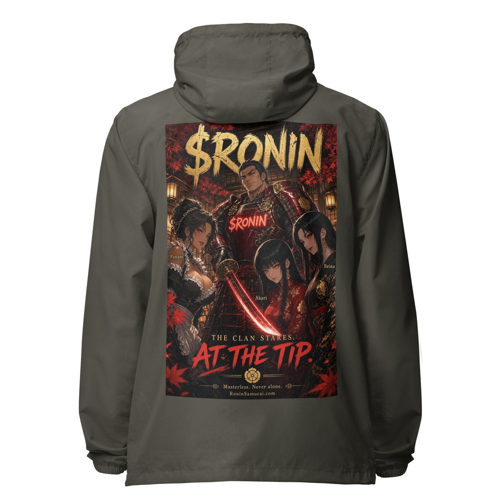 Clan at the Tip Windbreaker, graphite back: back print of a red-armored samurai with three swordswomen, THE CLAN AT THE TIP