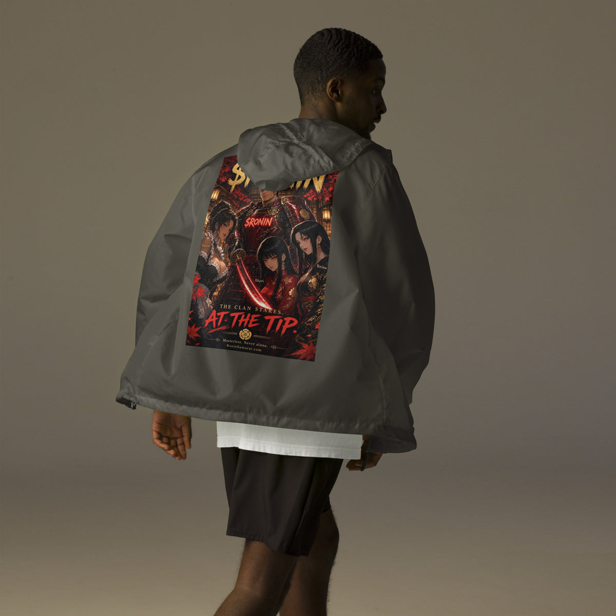 Clan at the Tip Windbreaker, graphite back: back print of a red-armored samurai with three swordswomen, THE CLAN AT THE TIP
